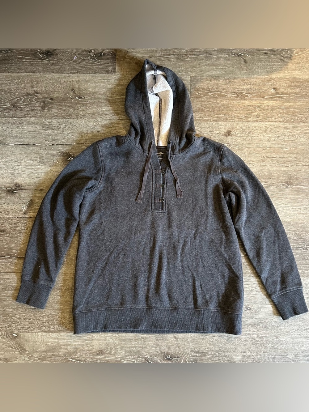 Large Eddie Bauer Gray Pullover Quarter Buttons Hooded Sweatshirt